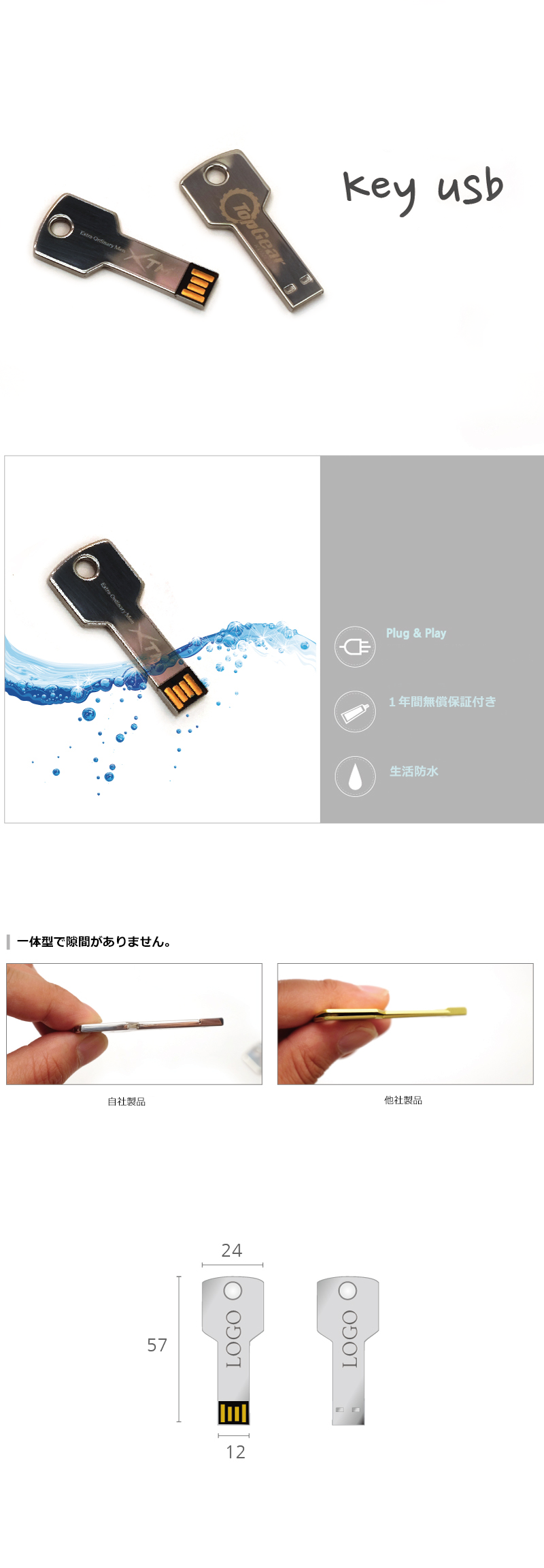 BN-008】鍵タイプ USBメモリ 57x24x3mm レーザー彫刻 4/8/16/32/64GB